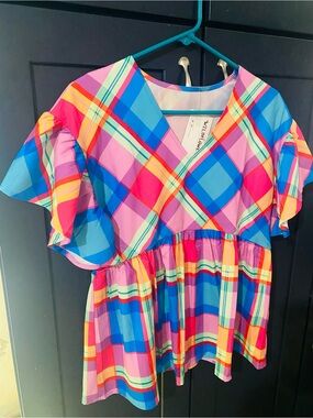 Colorful Plaid Ruffle-Sleeve Tunic Top - Multicolor